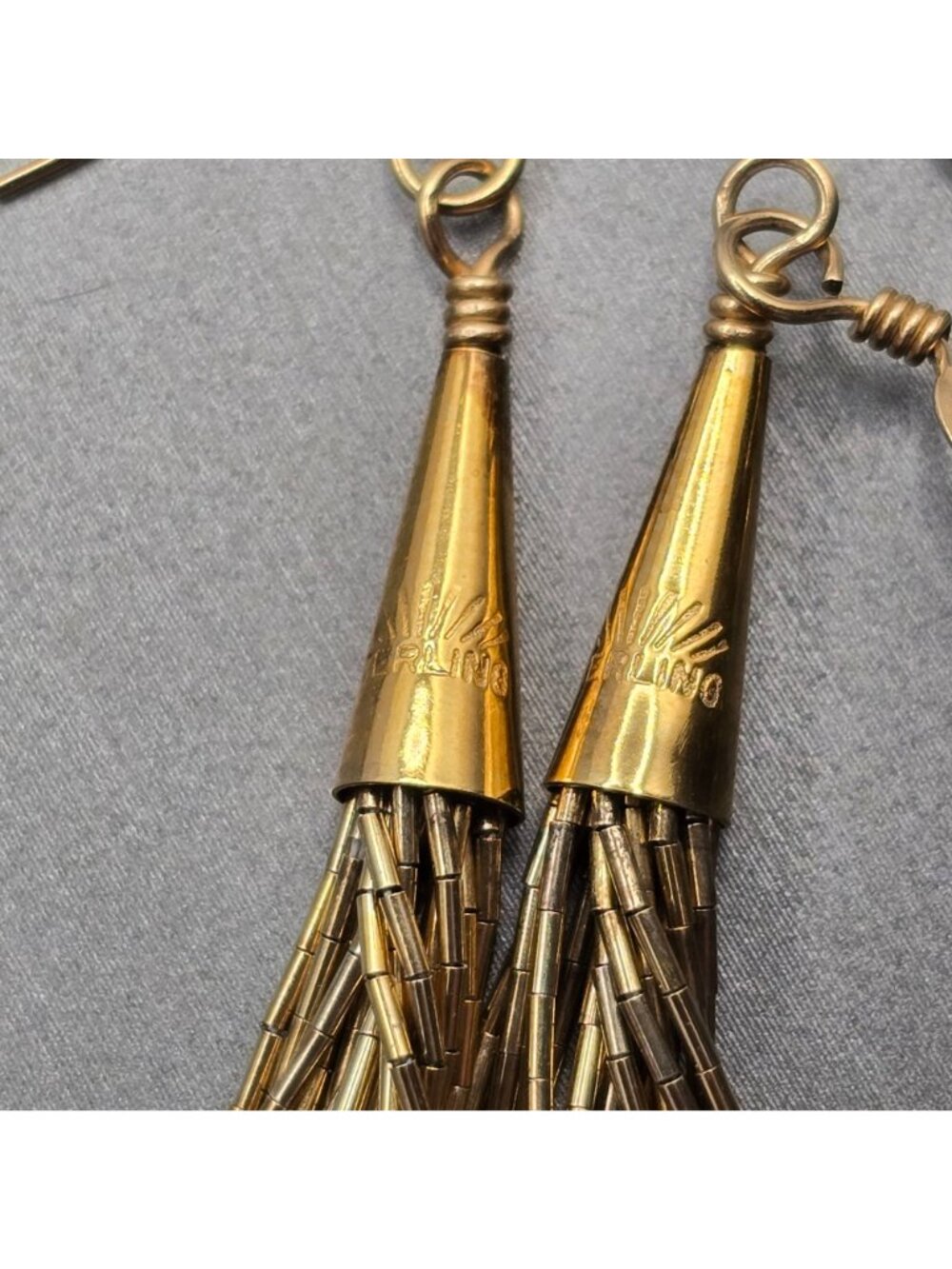 VTG Sterling Silver Vermeil Liquid Gold Tassel Earrings 2.5" Southwestern Signed - Picture 2 of 6